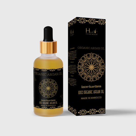 Premium Arganöl von Hairfluencer - Kaltgepresstes, ECO-zertifiziertes Marokkanisches Arganöl in Glasflasche mit Pipette für strahlendes Haar und gesunde Haut